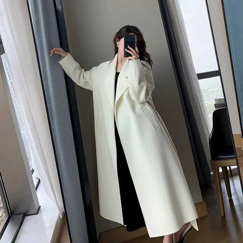 Elegant Midi Wool Blends Coat Women Korean Thicken Long Bandage Jackets Oversized Lace Up Outwear White Cardigan Woolen OvercoatX241009