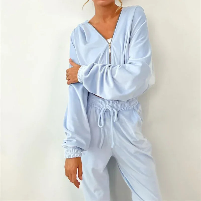 MODX Womens AutumnWinter Fashion Set Zipper Hoodie Brushed Trouser Solid Color Two Piece 241008