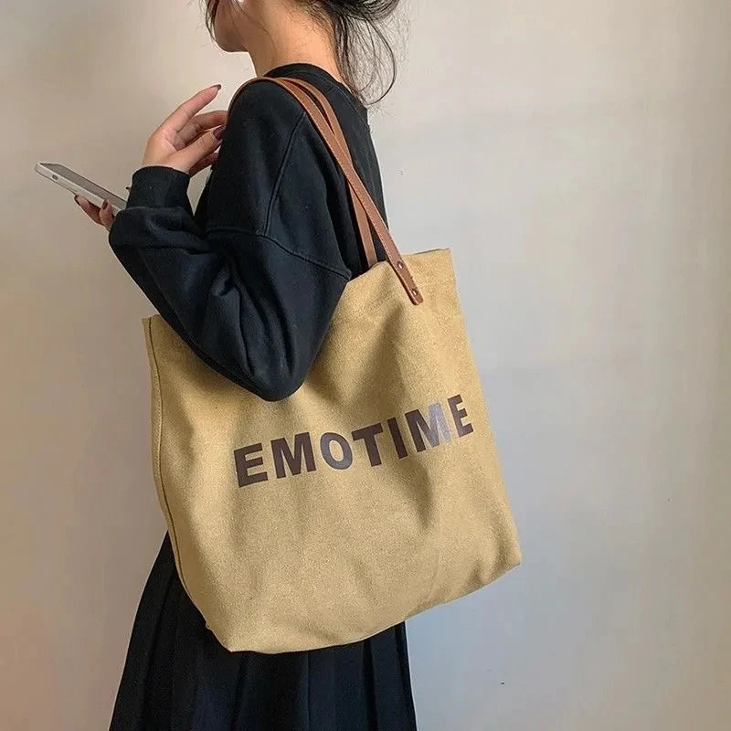 Womens canvas shoulder bag letter printed womens casual handbag large capacity cotton reusable shopping beach bag 241008