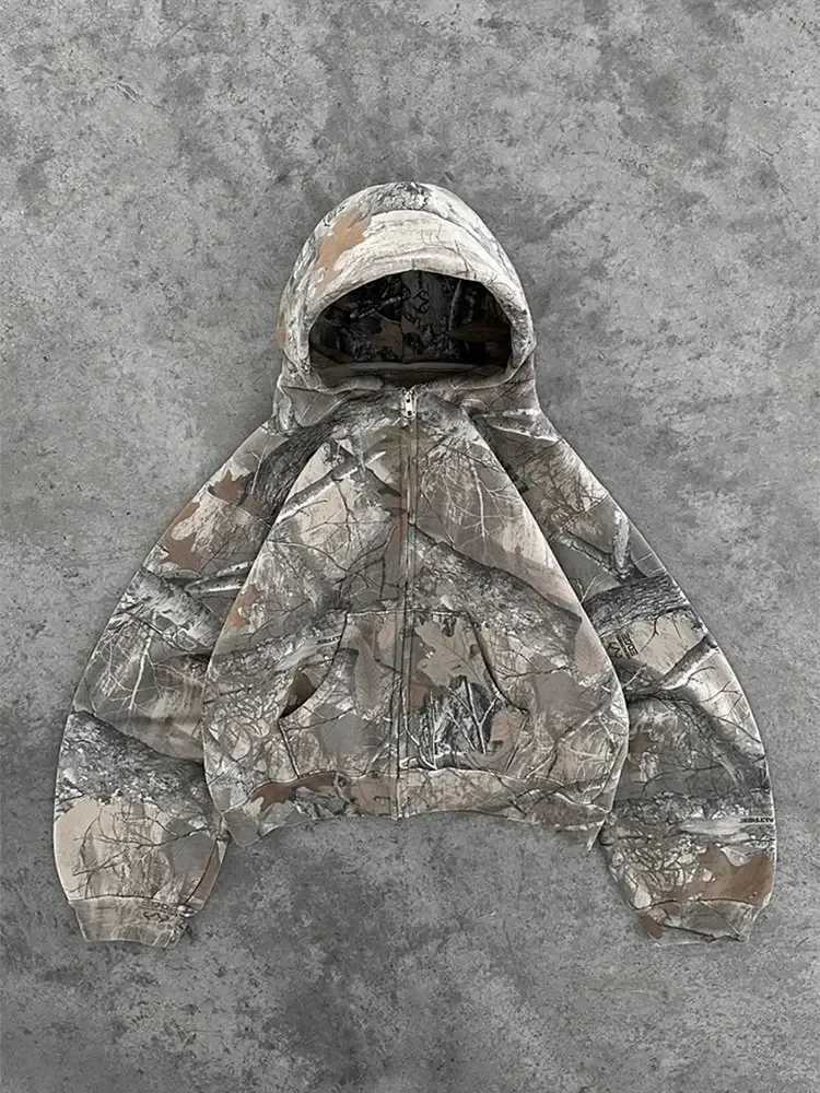 Men's Hoodies Sweatshirts Womens Camouflage Zipper Hoodie Mens American Street Harajuku Long Sve Sweatshirt Unisex Oversized Hip Hop Q241009