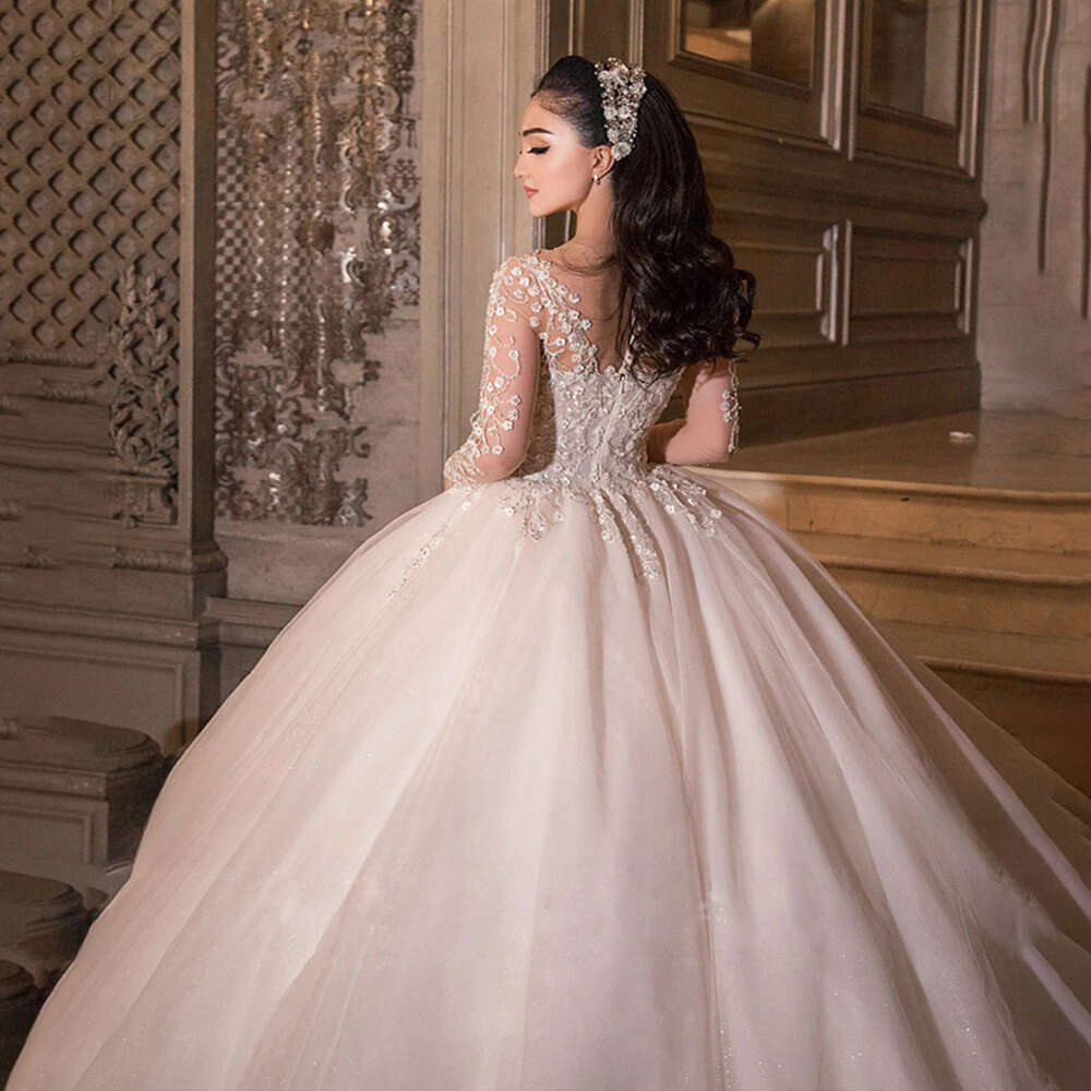 Romantic Sheer Collar Ball Gown Wedding Dresses Lace Applique Embroidery Beading Illusion Long Sleeve Princess Bride Dress