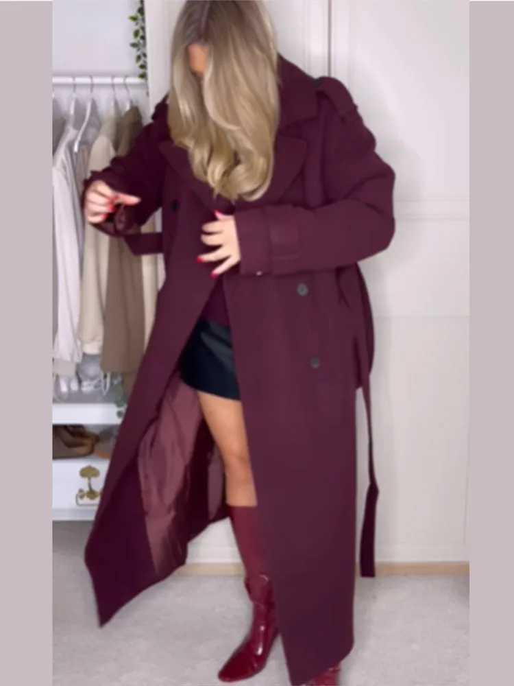 Elegant Double Breasted Long Sleeve Outerwear Vintage Collar Wine Red Womens Woolen Coat 2024 New High Street Lady Long CoatsX241009
