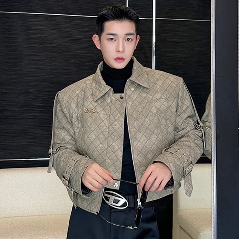 IEFB Argyle Male Padded Jacket Lapel Buckle n Zipper Gradient Color Mens Short Cotton Coats American Style 2023 9C3926 241008