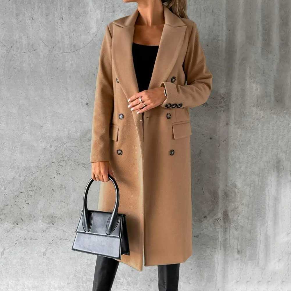New Women Long Jacket Slim Fit Double Breasted Solid Color Woolen Coat Autumn Winter Turndown Collar Outerwear OvercoatX241009