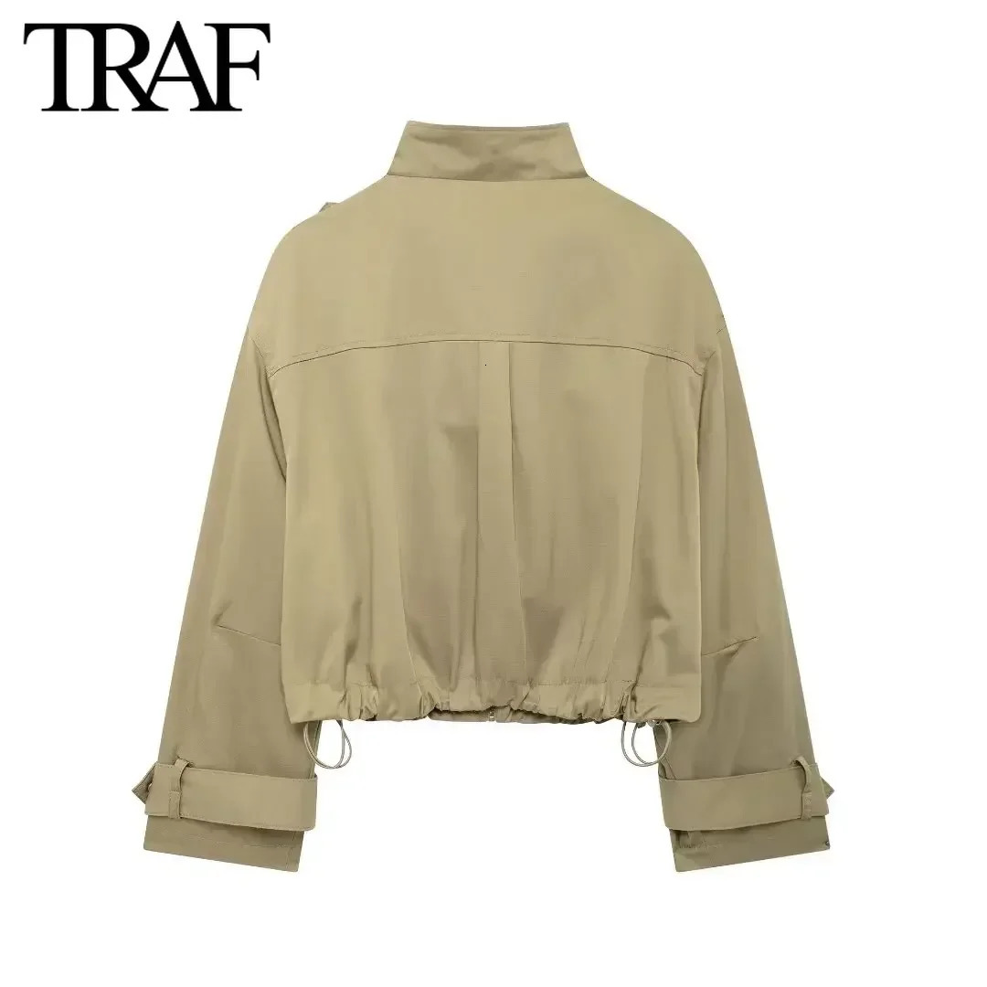 TRAF Womens Fashion Drawstring Bottom Pocket Long Sleeve Zipper Collar Jacket High Waist Folded Pants Two Piece Set 241008