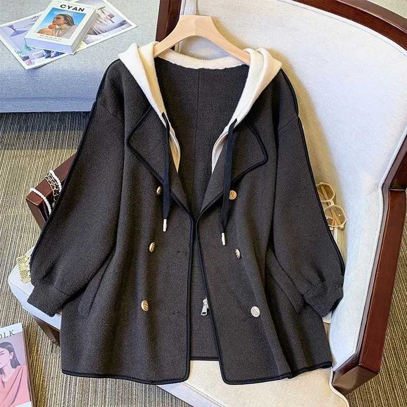 Double-sided Cashmere Fake Two-piece Hooded Woolen Jacket Women 2024Autumn Winter New Temperament Slim Cardigan Wool Coat FemaleX241009
