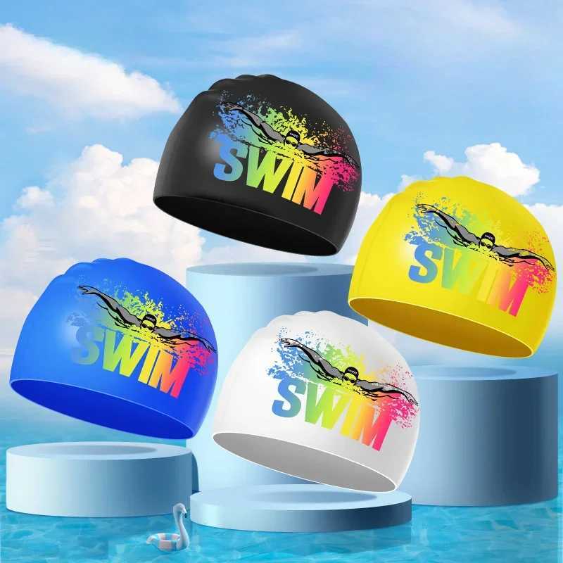 Womens silicone swimming cap large size long hair ear protection swimming cap printing adult swimming cap pool accessories CL241009