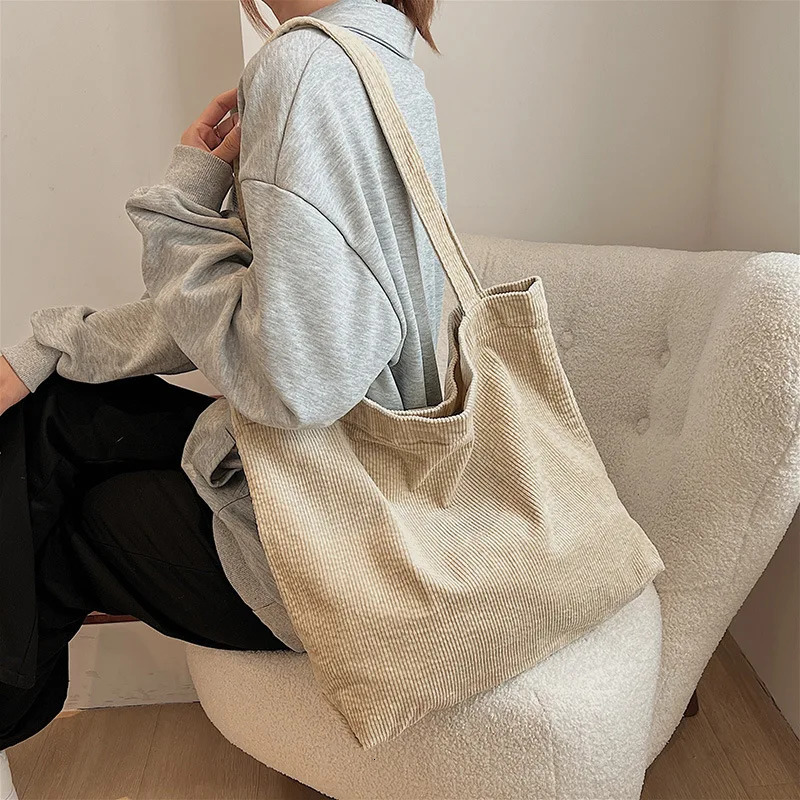 CGCBAG Retro Corduroy Canvas Womens Shoulder Bag Simple Solid Large Capacity Handbag Womens Casual Shopping Bag Handbag 241008