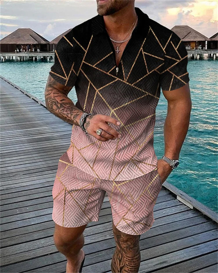 summer color printed mens track and field suit set casual zipper collar polo shirt and shorts 2-piece set fashionable mens clothing 240930