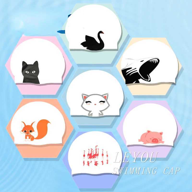 Soft silicone swimming cap cartoon cat pig Skark animal swimming accessories swimming pool equipment high Elestic youth universal CL241009