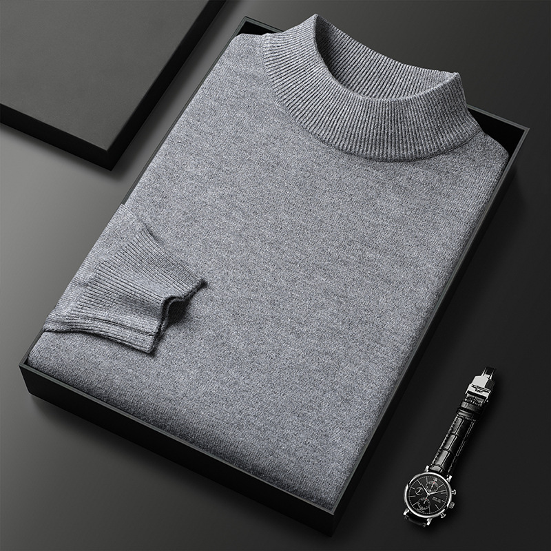2024 new designer winter semi high neck knitted base sweater for middle-aged and young men, slim fit solid color hoodie in multiple colors