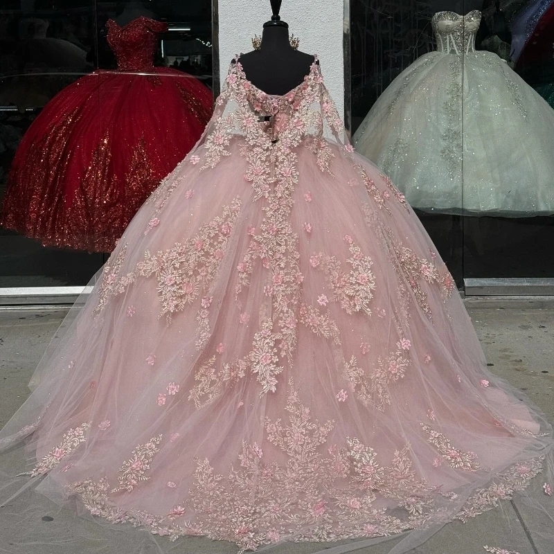 Pink Shiny Princess Ball Gown Quinceanera Dresses Beaded Appliques Lace Tull With Cape Party Gowns Vestidos De 15 Anos Sweet 16 Dress