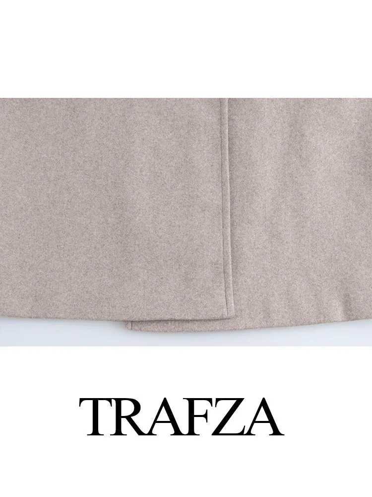 TRAFZA Women Autumn Solid Overcoat Fashion Double Breasted Turn-down Collar Pocket Design Coats Female Casual Loose OvercoatX241009