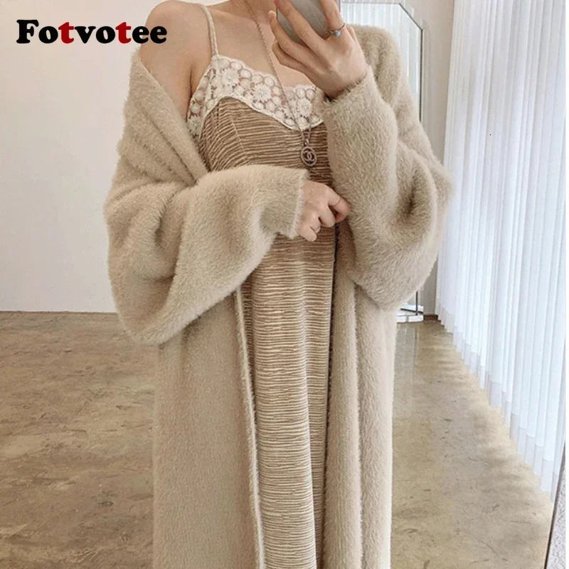 FOTVOTEE Womens Long Open Collar Woolen Sweater Fashion Casual Coat Autumn Sleeve Solid Loose 241007