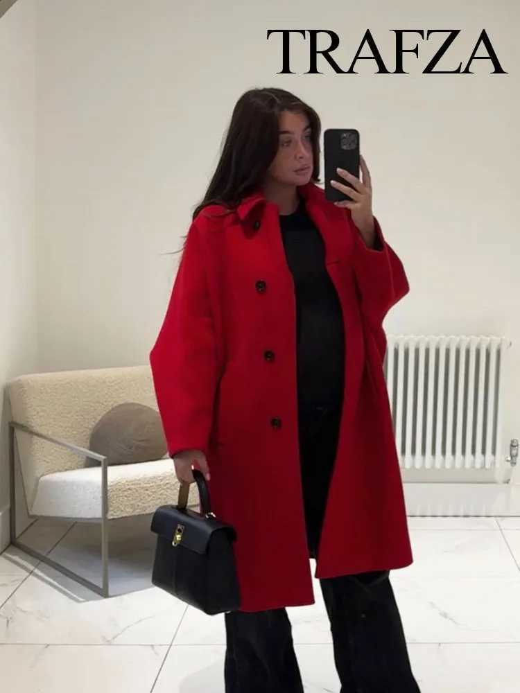 TRAFZA Womens Winter Elegant Casual Coat Red Turn-Down Collar Long Sleeves Pockets Single Breasted Women New Fashion CoatsX241009