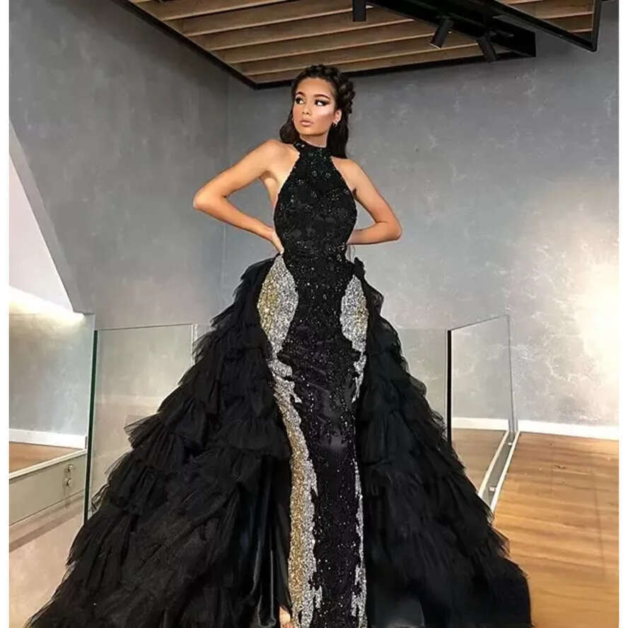 Black Sparkly Evening NEW Dresses With Detachable Train Halter Beaded Sequins Prom Cascading Ruffles Or Length Formal Party Gown