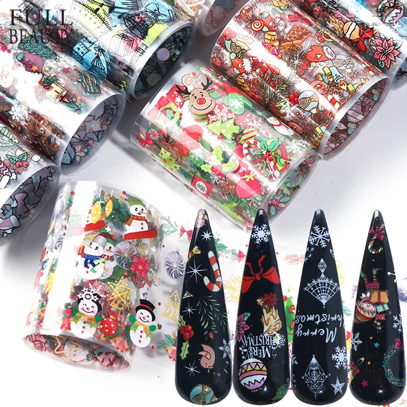 10 Christmas Decorative Nails Mixed Color Transfer Nail Foil Stickers Snowflake Deer Gifts Santa Claus Adhesive Paper CH1036-1 241008