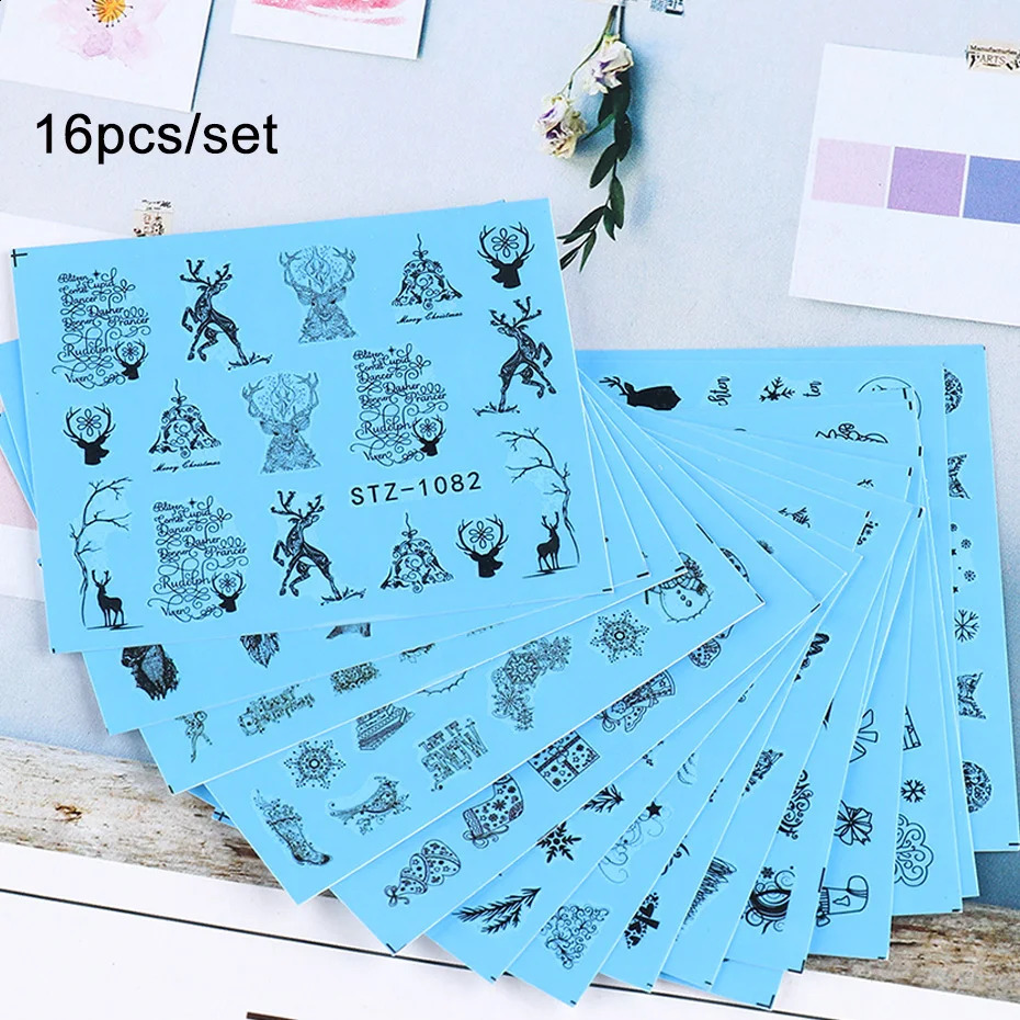 16 pieces of black nail stickers Christmas reindeer tree snowflake water transfer stickers Christmas winter nail accessories SASTZ1082-1097-1 241008