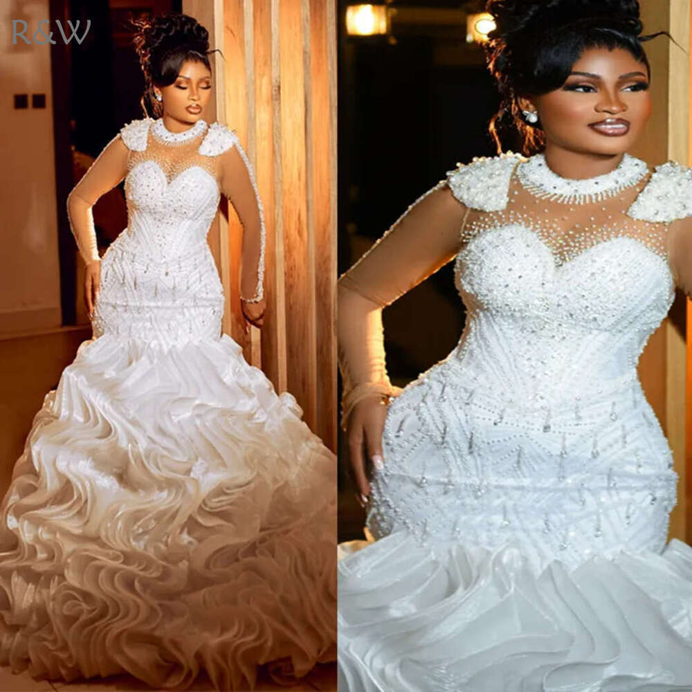 R&W 2024 Plus Size Dresses Bridal For Bride Mermaid Sheer Neck Long Sleeves Beaded Lace Crystals Ruffles Beading Rhies Decorated Wedding Gowns D310