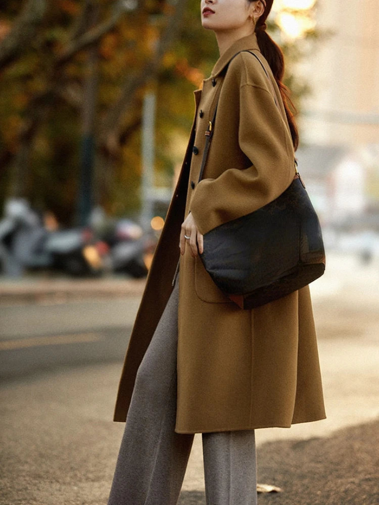 Long Blend Wool Coat Elegant Office Lady Warm Autumn Winter Cozy Simple Loose Fashion Pockets Streetwear 240930
