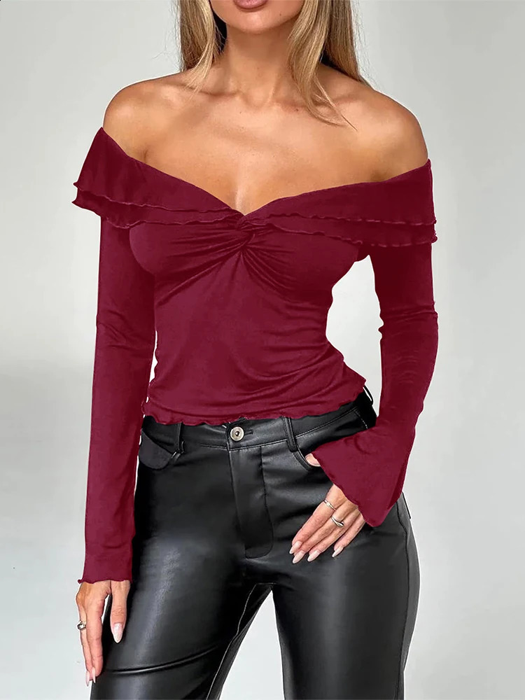 Fashionable and sexy pleated cut top for women ultra-thin dark V-neck long sleeved shirt with open collar 024 autumn womens streetwear 240927