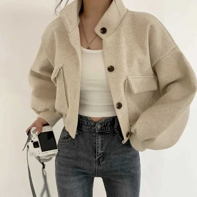 Womens Stand Collar Woolen Jacket Korean Solid Color Loose Single Breasted Peacoat Autumn Winter Casual Commuter Short OvercoatX241009