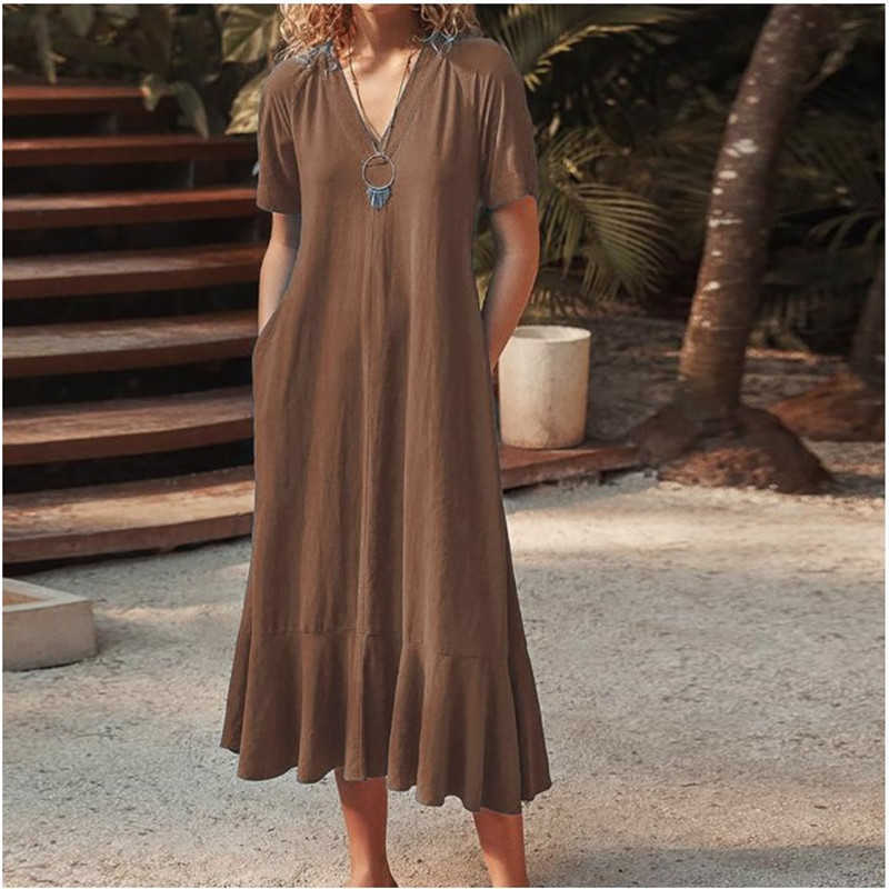 Casual Dresses 2024 New Women's Solid Color V-neck Lace-up Short Sleeve A-line Long Dress T241009