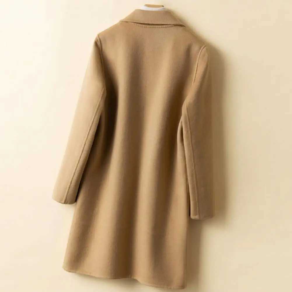 Fall Winter Women Woolen Coat Loose Solid Color Thick Cold Resistant Jacket Single-breasted Lapel Mid Length Long Sleeve CoatX241009