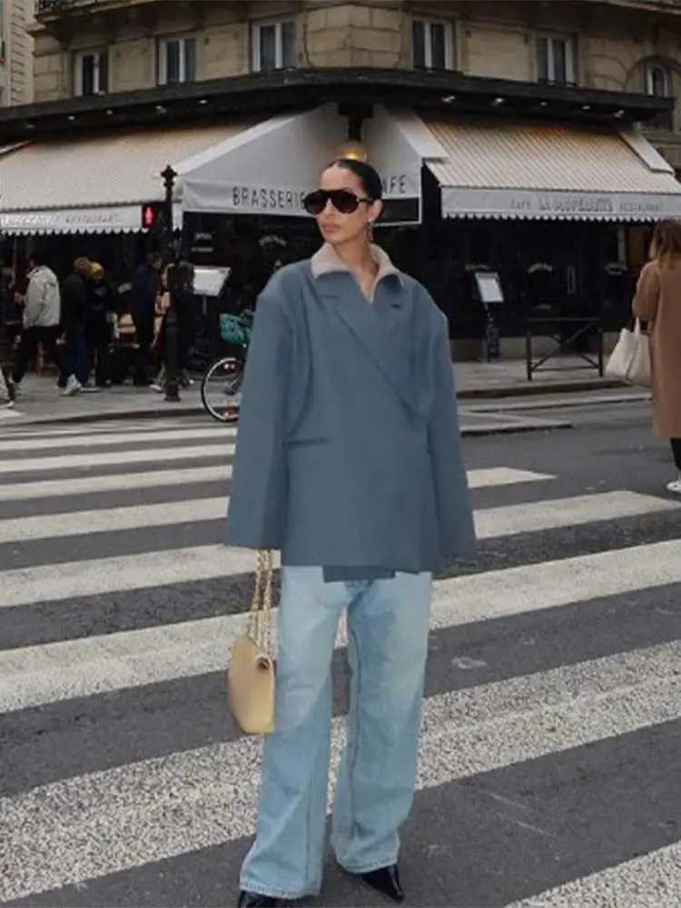 New Dark Grey Stripe Woolen Overcoats Women Fashion Lapel Long Sleeves Loose Long Coats 2024 Autumn Winter Lady Commute JacketX241009