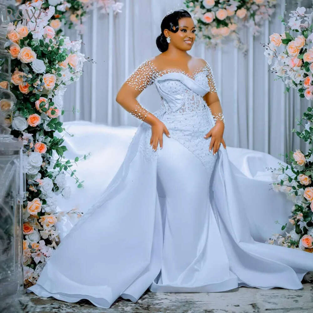 R&W 2024 Plus Size Bride With Detachable Train Mermaid Wedding Dress Bridal Gowns Sheer Neck Long Sleeves Beaded Lace Marriage Gown For Women D287