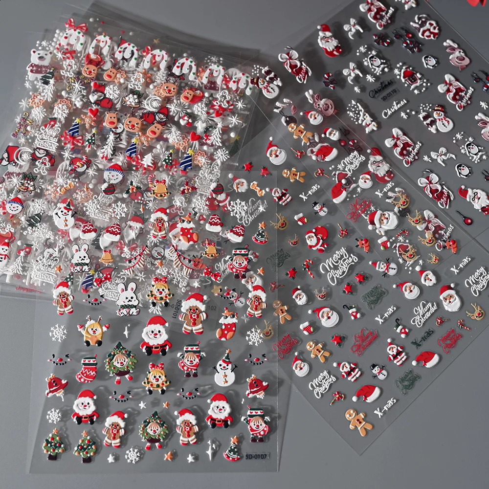 5D embossed gingerbread mens nail art stickers cute Santa Claus snowflake reindeer carving slider handmade decoration 241008