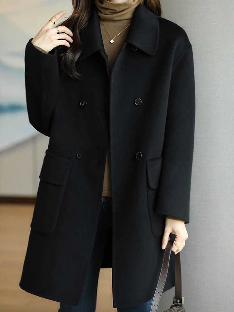 Autumn Winter New Cotton Thickened Woolen Coat Women Korean Version Slim Fit Medium Long Solid Color Woolen CoatX241009