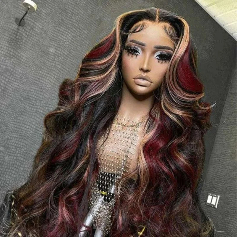Black red gold high gloss wig synthetic 13x4 lace front wig red and gold loose wavy wig lace front wig female 241007