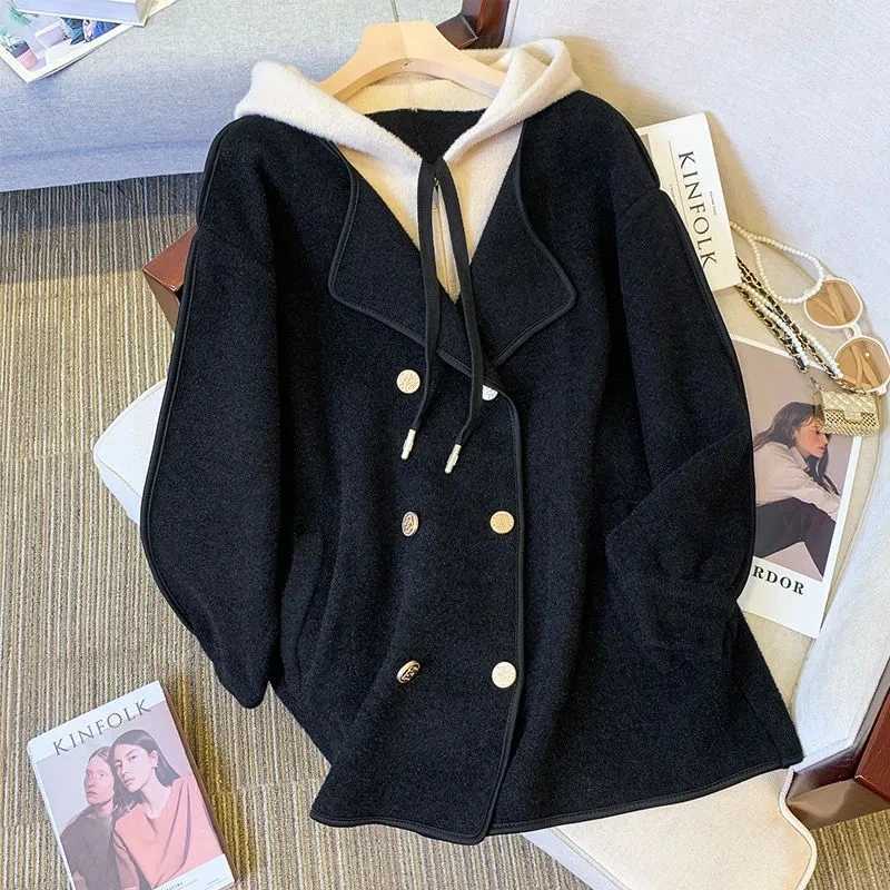 Double-sided Cashmere Fake Two-piece Hooded Woolen Jacket Women 2024Autumn Winter New Temperament Slim Cardigan Wool Coat FemaleX241009