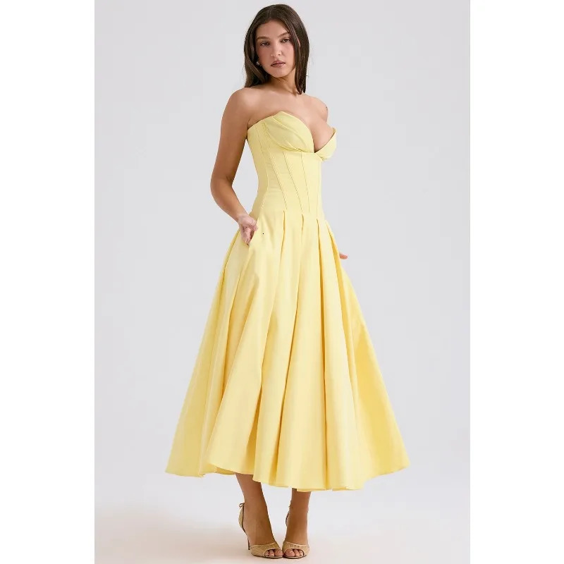 2024 Lady Strapless Midi Dres Sexy Summer Dresses Solid Color Fishbone Corset Graceful Birthday Evening Dress Vestidos 241009