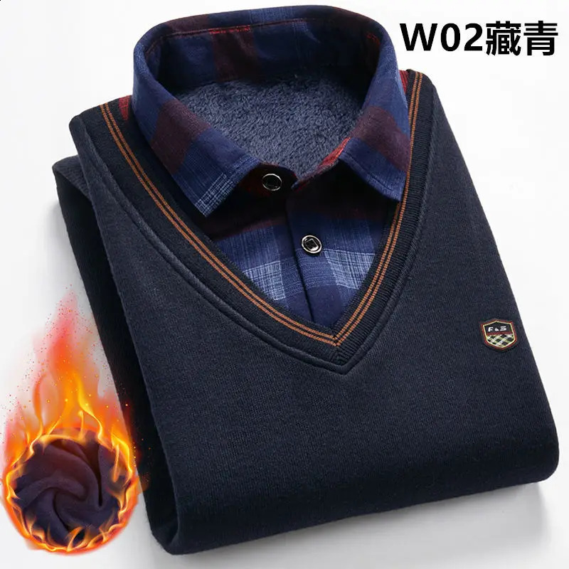 autumn and winter mens wool shirt collar sweater fashionable plaid solid thick warm wool high-quality casual version 241007