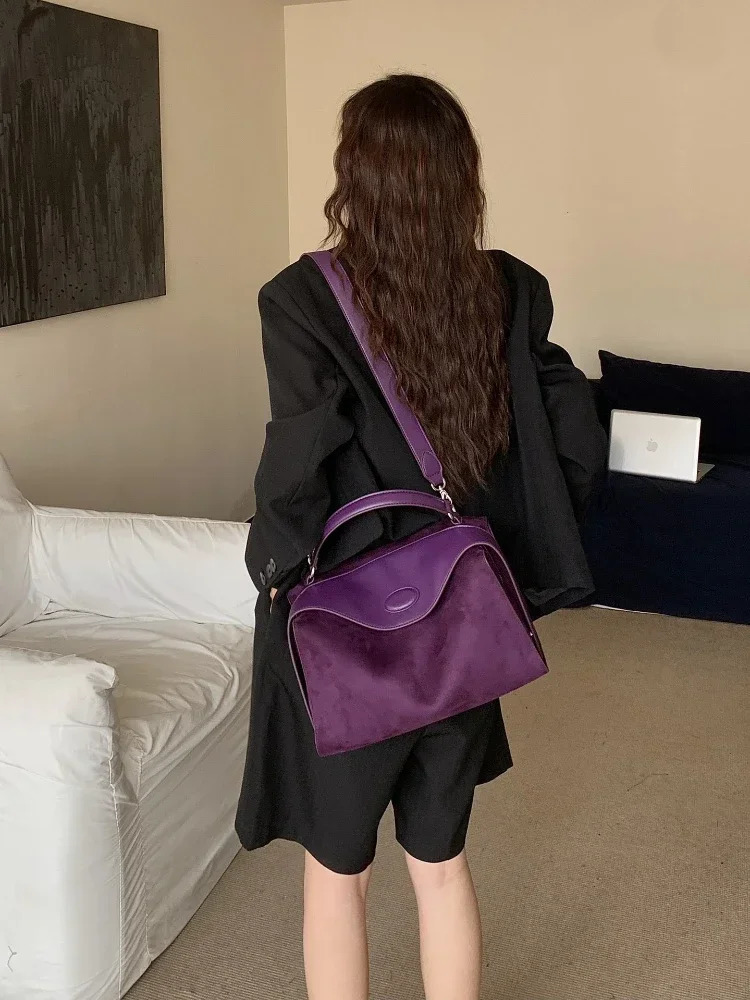 Large Lavender Purple Smooth Velvet Wide Shoulder Strap Womens Shoulder Bag High Quality Winter Suede Leather Womens Handbag 241008