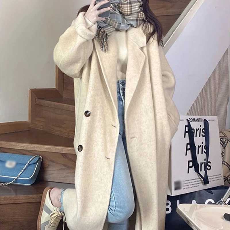 Womens Woolen Coat For Autumn And Winter New Korean Loose Medium Long Hepburn Style Woolen CoatsX241009
