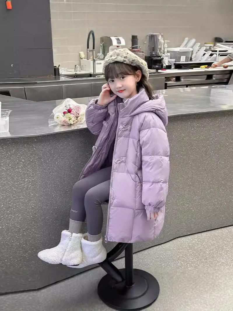 Winter Parkas warm cotton childrens jacket hooded solid jacket suitable for girls outerwear pink purple childrens clothing 5-12 years TR256 240927