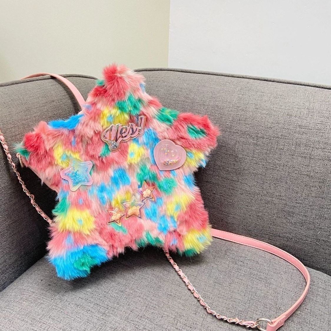 New original oil painting color plush five-pointed star backpack DIY Glitter letter chain backpack