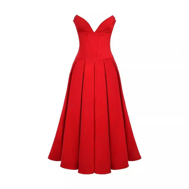 2024 Lady Strapless Midi Dres Sexy Summer Dresses Solid Color Fishbone Corset Graceful Birthday Evening Dress Vestidos 241009