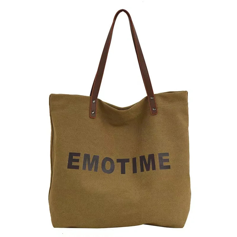 Womens canvas shoulder bag letter printed womens casual handbag large capacity cotton reusable shopping beach bag 241008