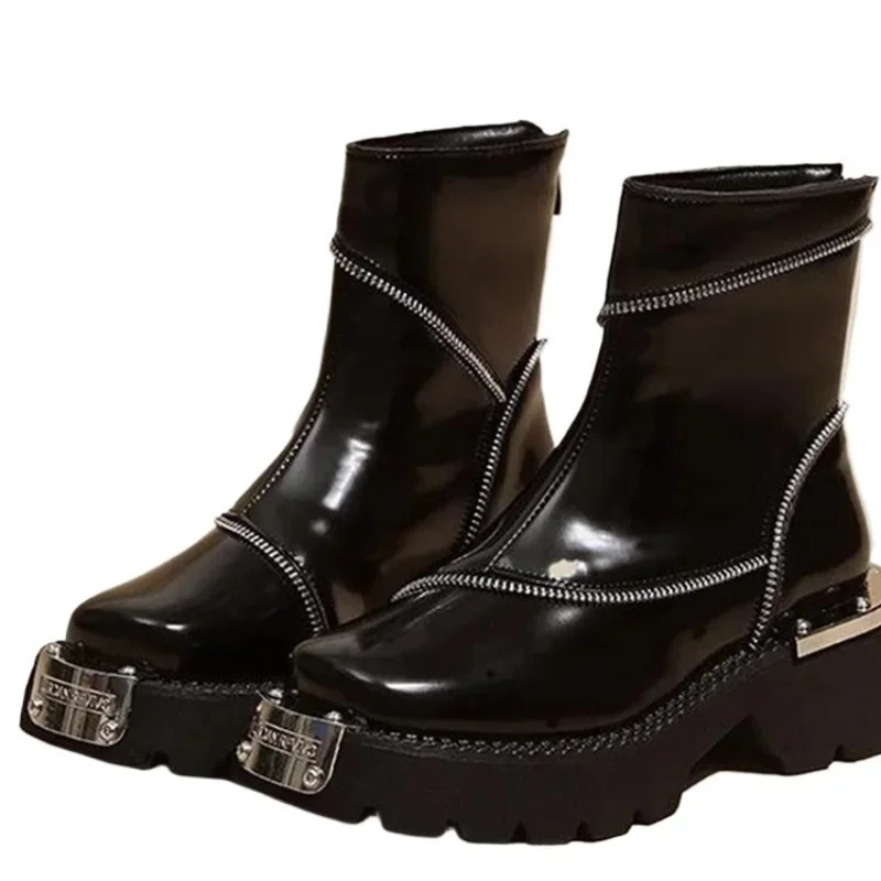 Womens shoes high-quality zippered womens boots autumn round toe solid short bucket middle heel waterproof British boots 241007