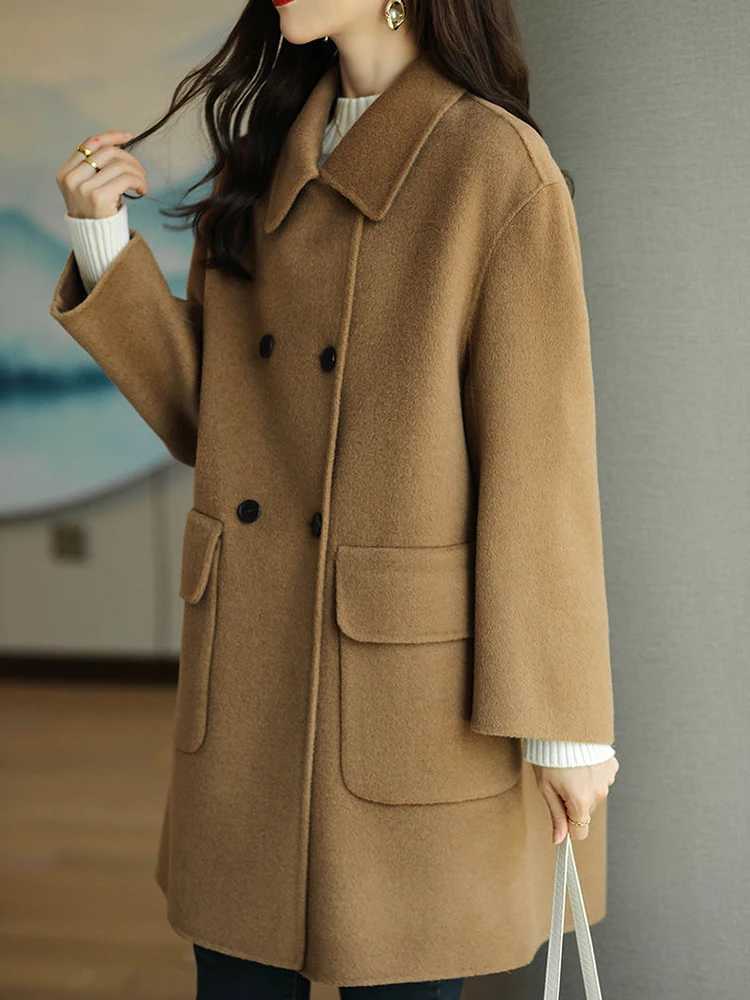 Autumn Winter New Cotton Thickened Woolen Coat Women Korean Version Slim Fit Medium Long Solid Color Woolen CoatX241009