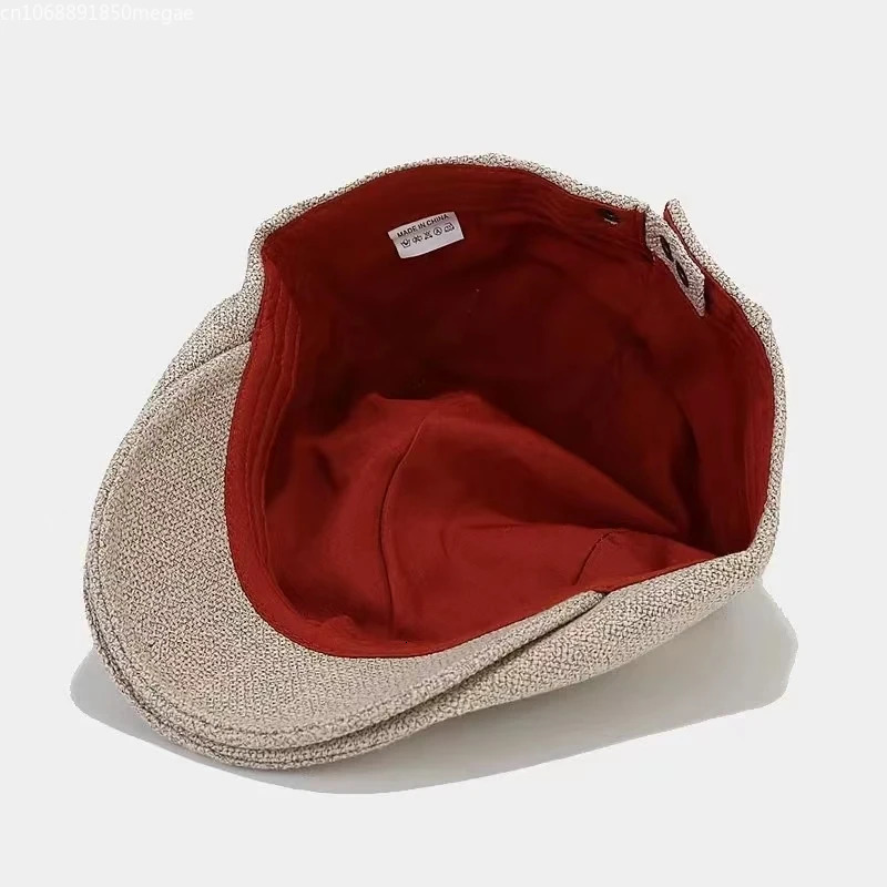 1 piece of summer mens beret linen leather hat adjustable hat breathable retro solid black ivy duckbill hat Boinas Para MUJI 241007