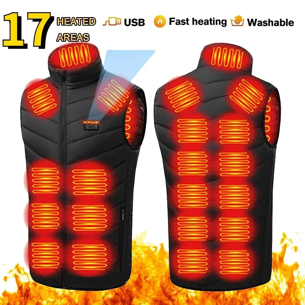 17 Zone Heating Vest Mens USB Infrared Thermal Jacket Smart Heating Clothes Winter Cold-proof Thick Sleeveless Coat Hiking 241007