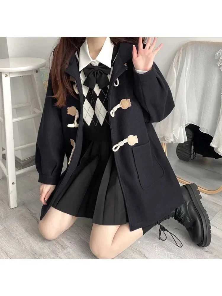 Winter Thick Hooded Blends Women Tender Sweet Horn Button Preppy Style Casual Girl Baggy Japanese Fashion Pockets Warm OvercoatsX241009