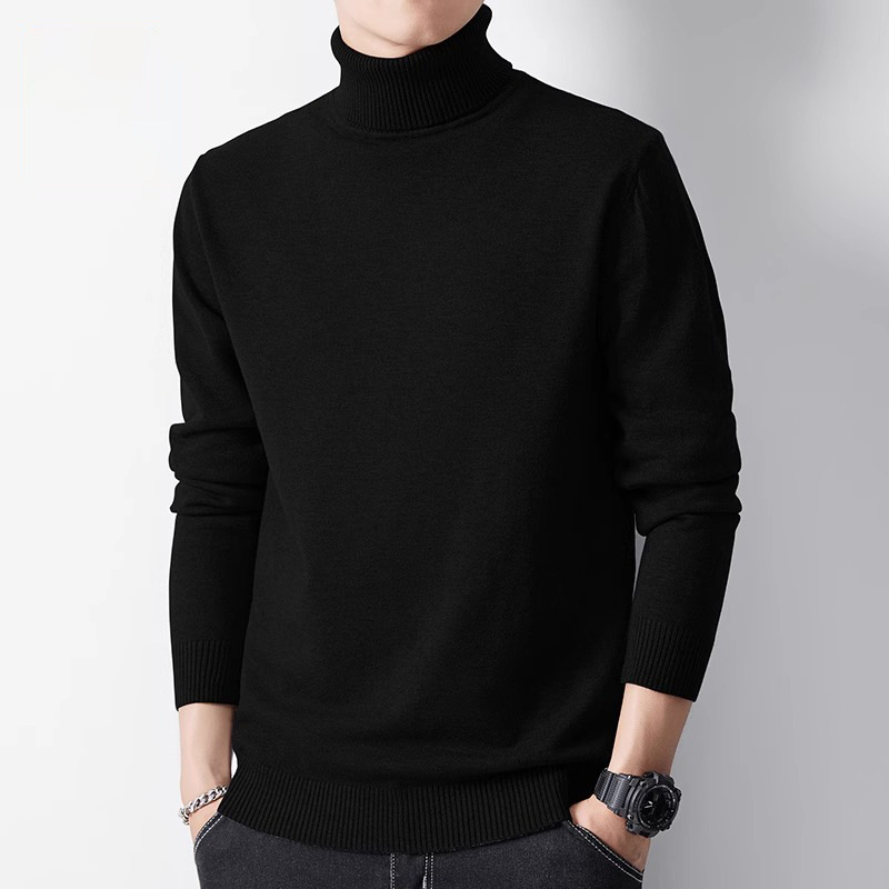Men's solid color sweater 2024 autumn winter new style with thick velvet and warm high neck black base shirt, trendy clothes on top