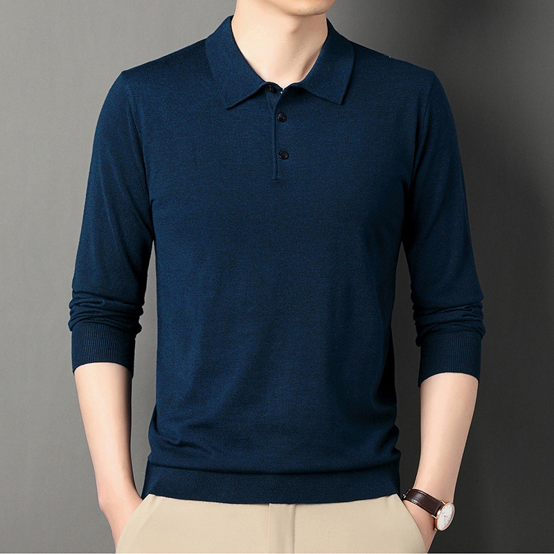 6. Wool thin knitted men, 2024 autumn and winter new item, solid color polo shirt, lapel, long sleeved base sweater for men