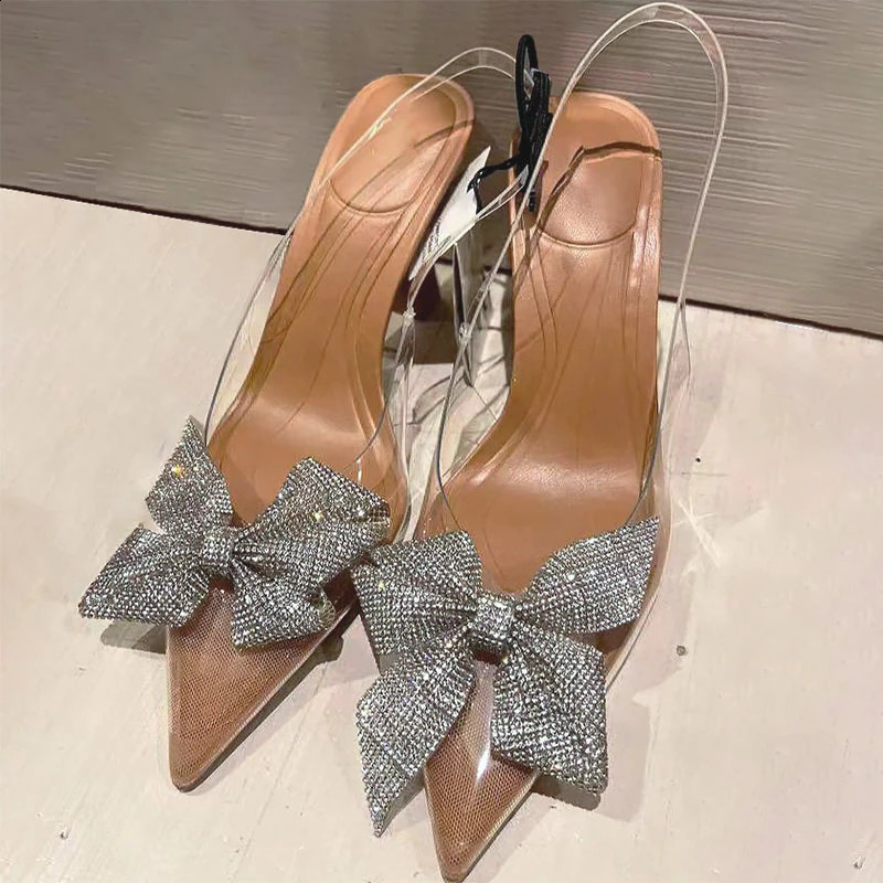 Point Head Womens High Heel Sandals Summer Water Diamond Bow Tie Strap Pump Womens Transparent Khaqi Sole Stiletto Shoes 240925